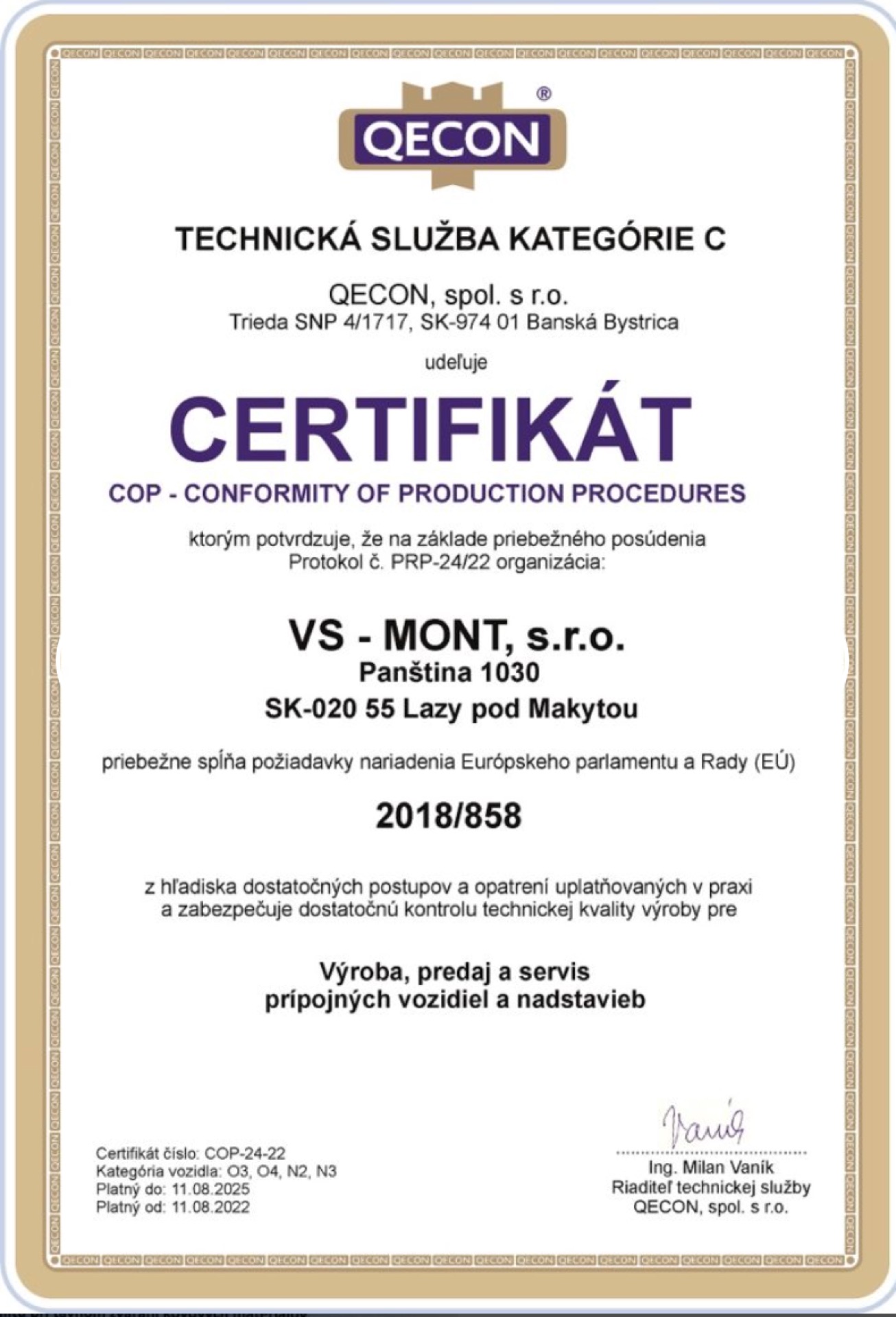 COP VS-MONT Certifikát