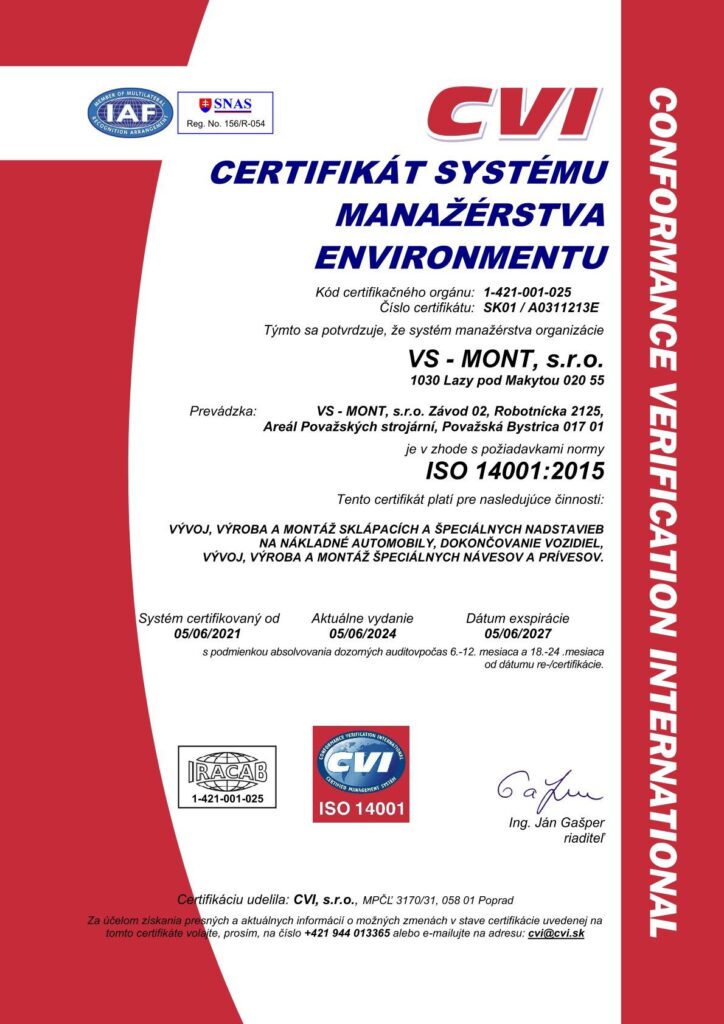 ISO 14001:2015 Certifikát